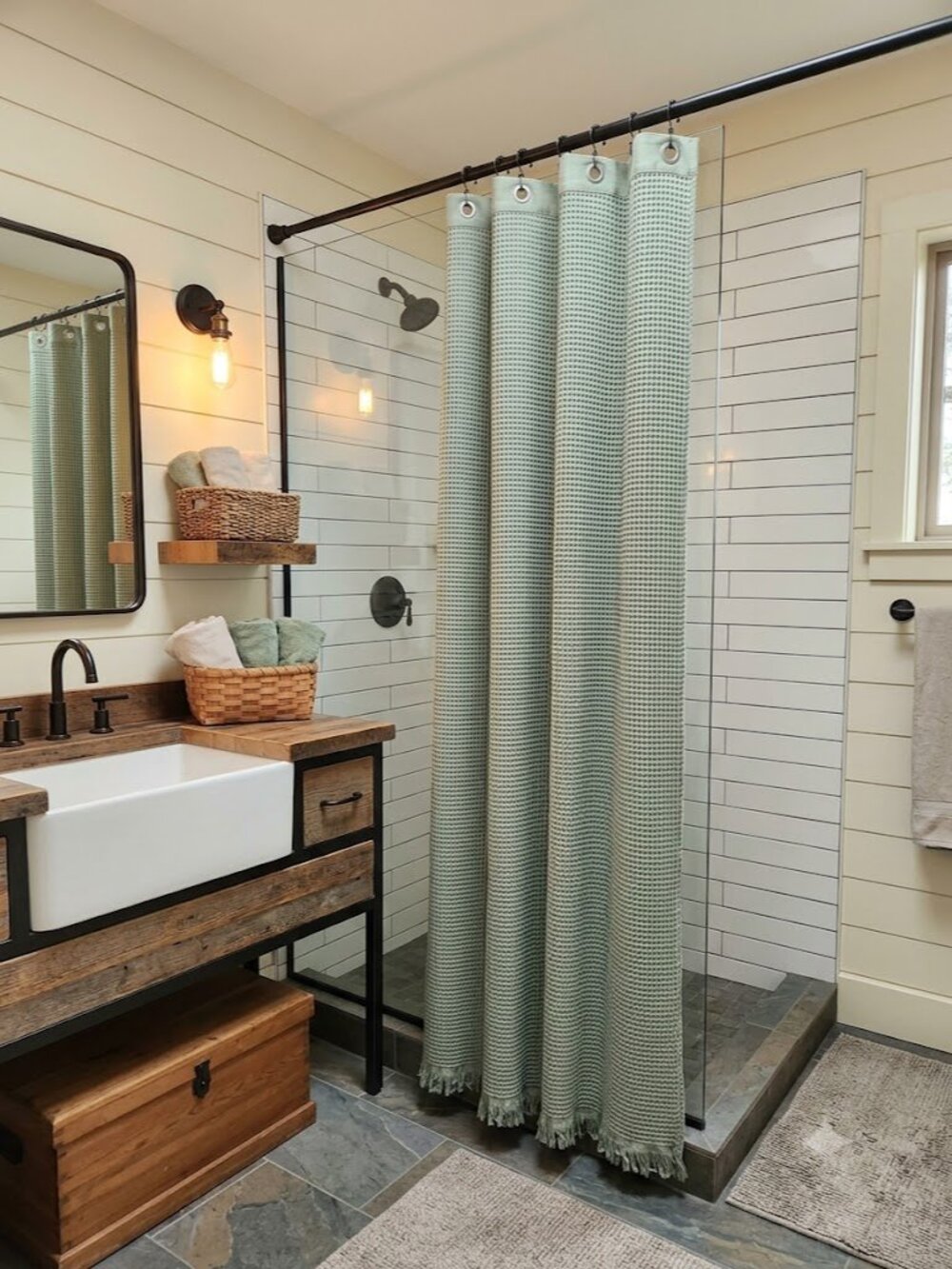 Sage Green Waffle Cotton Shower Curtsin